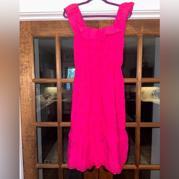 Loft Hot Pink Eyelet Ruffle Square Neck Midi Dress Size SP - Picture 3 of 13